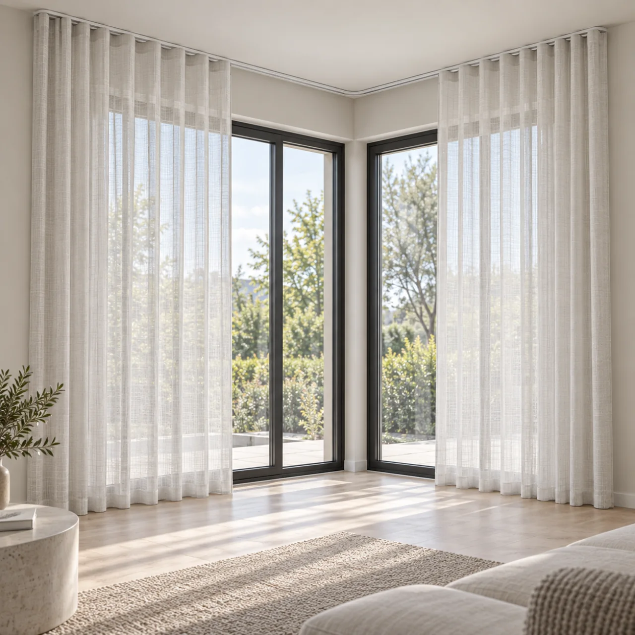 Studio-impressie: Offwhite gordijnen langs hoekbeglazing