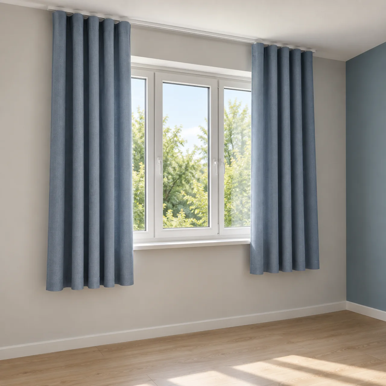 Studio-impressie: Blauw gordijnpaar in kamer met blauwe wand