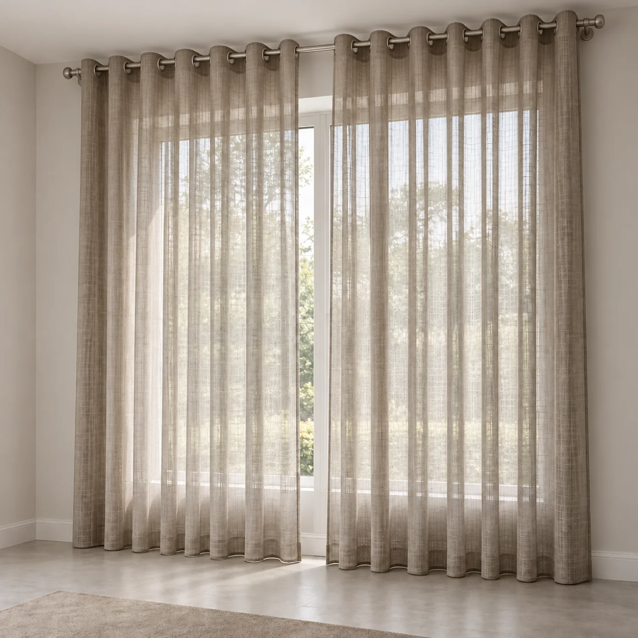 Studio-impressie: Taupe open geweven gordijnen