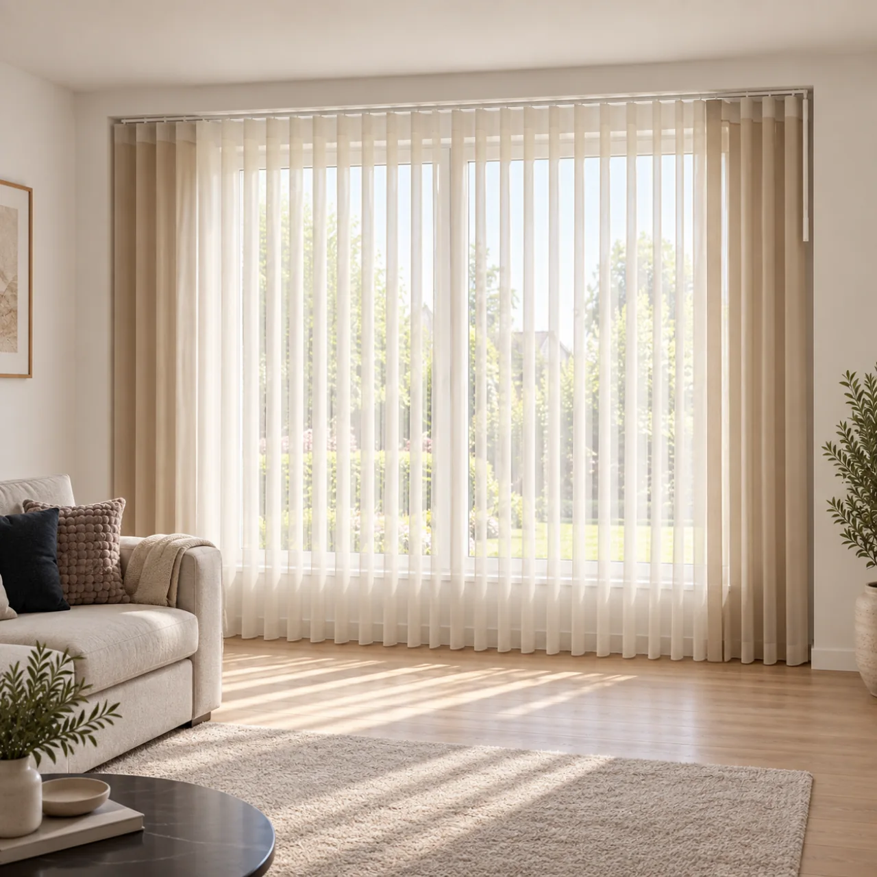 Studio-impressie 74: Licht verticaal textiel achter bank met sierkussens