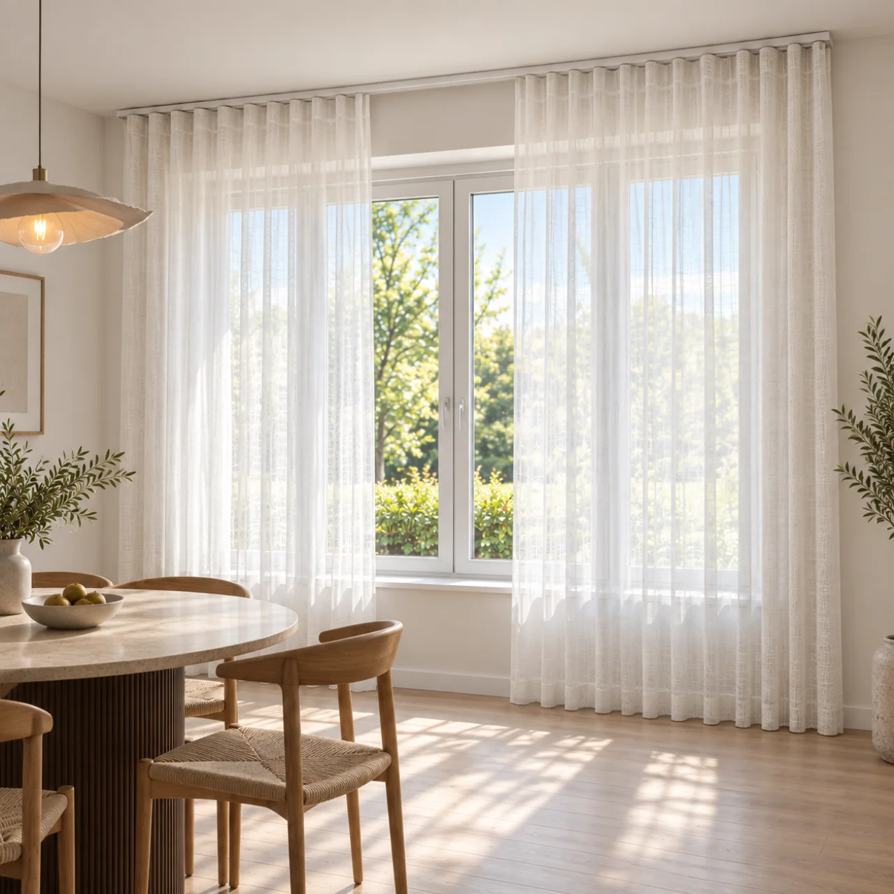 Studio-impressie 60: Licht wavegordijn bij ronde eettafel