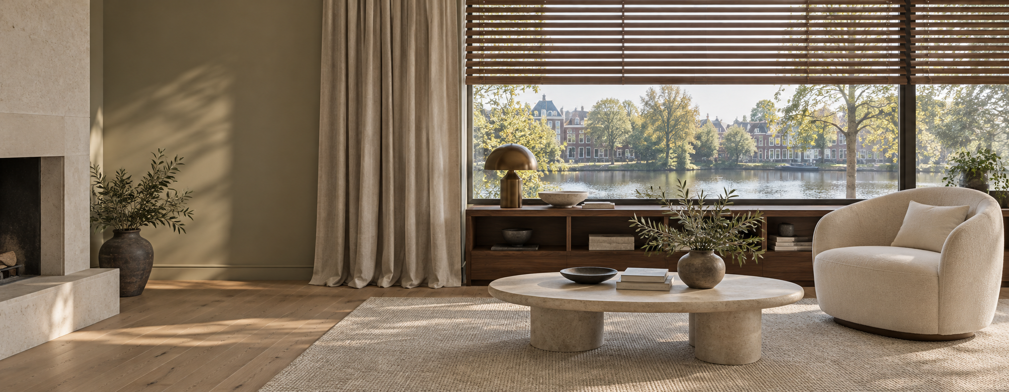 Panoramische woonkamer met gordijnen, houten jaloezieën, fauteuil en salontafel aan het water